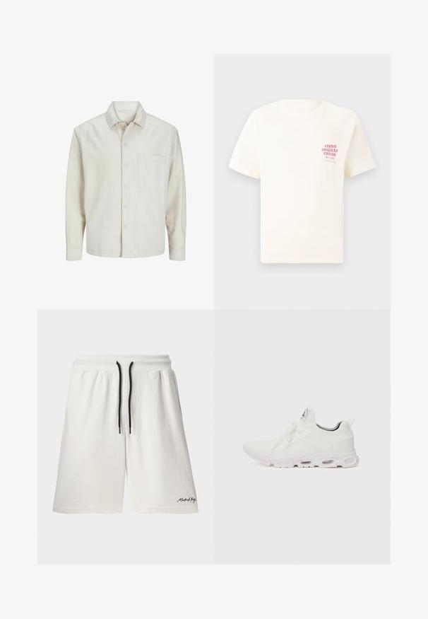 Šviesiai rudos spalvos medvilninis marškinis su klasikiniais atvartais, ilgomis rankovėmis, viena krūtine kišenė ir laisvas fasonas. Sklandus, minkštas paviršius.; Balta trumpa rankovėmis marškinėliai su raudonu užrašu "Studio Originals Edition" kairiajame krūtinės šone, rodomi neutralioje pilkoje aplinkoje.; Balti medvilniniai šortai su raišteliu ir juodais akcentais. Turintys šonines kišenes ir mažą logotipą ant apvado. Minkšta tekstūra.; Baltos sportinės detalės batai su tekstūruotu megztu viršumi, plokščiais raišteliais ir paminkštintu padu, kuriame matomos oro kameros papildomam palaikymui.