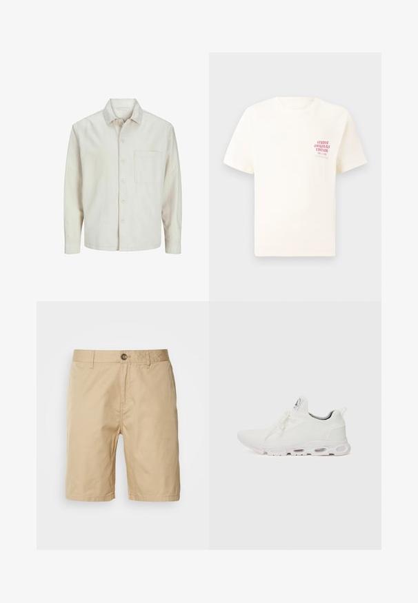Camisa de botón de color beige hecha de algodón, con un cuello clásico, mangas largas, un bolsillo en el pecho y un corte relajado. Textura suave y lisa.; Camiseta blanca de manga corta con el texto rojo "Edición de Studio Originals" en el lado izquierdo del pecho, exhibida sobre un fondo gris neutro.; Scotch & Soda STUART - Shorts - seastone; Zapatillas deportivas blancas con un upper de punto texturizado, cordones planos y una suela acolchada con cámaras de aire visibles para mayor soporte.