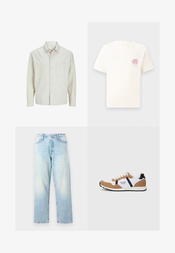 Cămașă bej cu nasturi, din bumbac, cu guler clasic, mâneci lungi, un buzunar la piept și o croială lejeră. Textură netedă și moale.; Tricou alb cu mânecă scurtă, având text roșu "Studio Originals Edition" pe partea stângă a pieptului, expus pe un fundal gri neutru.; Jeans din denim de culoare albastră deschisă cu un design drept, finisaj decolorat și cusături vizibile. Au un închidere clasică cu buton și fermoar.; Tenis retro cu alb, suede bej, accente negre, șireturi albe și logo-ul "Jack & Jones EST. 1990" pe lateral.