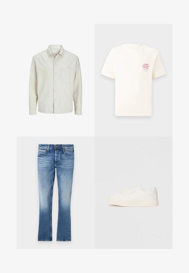 Beige színű, pamut anyagú gombos ing, klasszikus gallérral, hosszú ujjakkal, egy mellzsebbel és laza szabással. Sima, puha tapintású.; Fehér, rövid ujjú póló, bal mellen piros szöveggel "Studio Originals Edition", semleges szürke háttér előtt.; Világoskék farmernadrág, elhasználódott kivitelben, egyenes szárú dizájnnal, öt zsebbel és egy gombos záródással a derekán.; Fehér slip-on sportcipők texturált felülettel, vastag talppal és minimalista dizájnnal. Az oldalon a márka logója található.