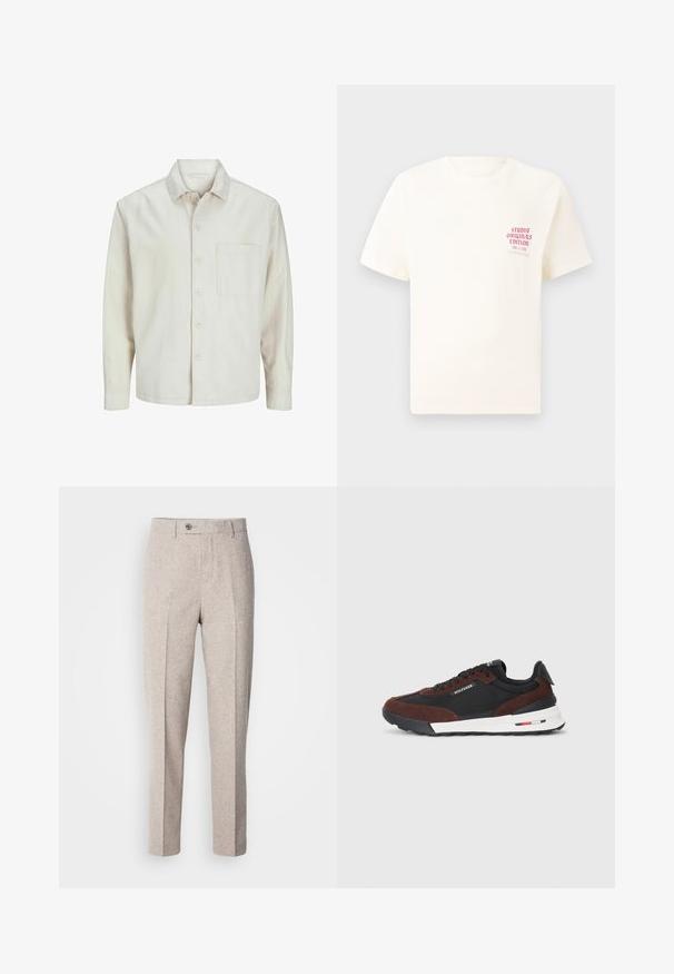 Beige overhemd met knopen, gemaakt van katoen, met een klassieke kraag, lange mouwen, één borstzak en een comfortabele pasvorm. Glad, zacht textuur.; Witte T-shirt met korte mouwen met rode tekst "Studio Originals Edition" op de linker borst, weergegeven op een neutrale grijze achtergrond.; Lichtbeige wollen broek met een zachte textuur, rechte snit, voorplooien en een enkele knoopsluiting bij de tailleband.; Tommy Hilfiger RETRO RUNNER MIX - Sneakers laag - black/cocoa