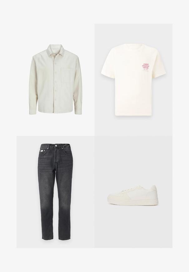 Beige button-up shirt made of cotton with a classic collar, long sleeves, one chest pocket, and a relaxed fit. Smooth, soft texture.; White short-sleeve T-shirt with red text "Studio Originals Edition" on left chest, displayed on a neutral gray background.; Black denim jeans with a straight leg design, five-pocket styling, and subtle fading. Completed with a button and zipper closure.; White sneaker with a smooth leather upper and suede accents. Features a perforated toe, flat laces, and a rubber sole with textured detailing.