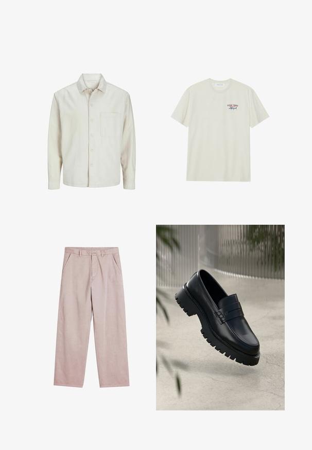 Beige Hemd mit Knopfleiste aus Baumwolle, klassischem Kragen, langen Ärmeln, einer Brusttasche und lockerer Passform. Glatte, weiche Textur.; Helles Creme Baumwoll-T-Shirt mit kurzen Ärmeln. Enthält eine kleine Grafik eines Marlins in Blau und Rot sowie den Text "MARLIN TROPHY".; Helle rosa weite Hosen aus weichem Stoff, mit Fronttaschen und Knopfverschluss, versehen mit dezenten Nähten.; Schwarze Lederloafer mit einer robusten profilierten Sohle, ausgestattet mit einem dekorativen Riemen und einer Stichdetail. Glatte Textur mit einem polierten Finish.