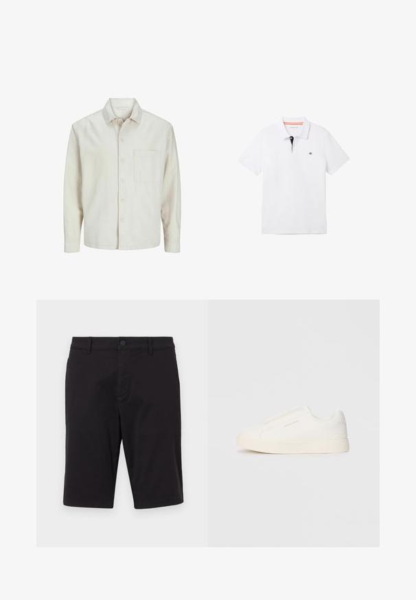Beige košile na knoflíky vyrobená z bavlny s klasickým límcem, dlouhými rukávy, jednou náprsní kapsou a uvolněným střihem. Hladká a jemná textura.; Bílá polo košile s černým límečkem s oranžovým lemem, krátkými rukávy a malým logem na hrudi. Vyrobena z prodyšné bavlněné směsi.; Černé šortky vyrobené z lehkého materiálu. Mají zapínání na knoflík, poutka na opasek, dvě boční kapsy a rovný střih.; Bílé slip-on tenisky s texturovaným povrchem, silnou podešví a minimalistickým designem. Na boku je umístěno logo značky.