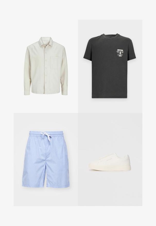 Beige overhemd met knopen, gemaakt van katoen, met een klassieke kraag, lange mouwen, één borstzak en een comfortabele pasvorm. Glad, zacht textuur.; Donkergrijze katoenen t-shirt met korte mouwen, ronde halslijn en een borstzak met een wit logo-graphic. Soepele textuur met een relaxte pasvorm.; Heldere blauwe gestreepte zwemshorts van glad materiaal. Voorzien van een witte trekkoord en zijzakken. Middellange lengte tot op de dij met een rechte snit.; Witte instap sneakers met een gestructureerd oppervlak, een dikke zool en een minimalistisch ontwerp. Bevat het merklogo aan de zijkant.