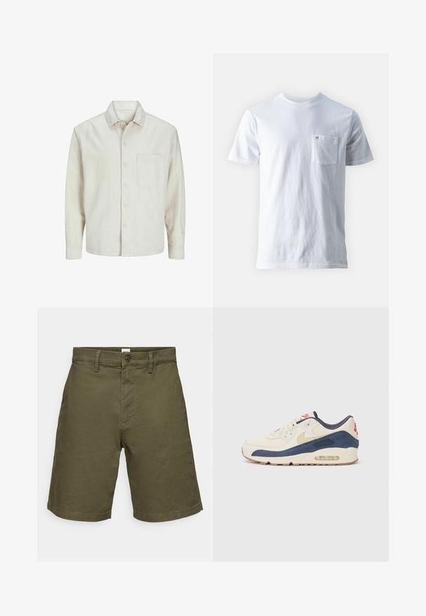 Béžová košeľa s gombíkmi vyrobená z bavlny, s klasickým golierom, dlhými rukávmi, jednou náprsní kapsou a voľným strihom. Hladká, mäkká textúra.; Biela bavlnená tričko s okrúhlym výstrihom, krátkymi rukávmi a vreckom na ľavej strane hrudi, so malým logom na vrecku. Hladká textúra.; Olivové šortky vyrobené z bavlny s gombíkovým zapínaním. Majú rovný predný diel, krátku dĺžku a viditeľné detaily šitia.; Tenisky s krémovým koženým a námorníckym semišovým zvrškom, ktoré majú viditeľnú vzduchovú podrážku, béžovú gumovú podrážku a červený akcent na päte.