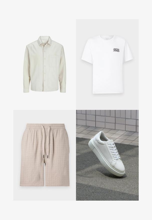 Camisa de botón de color beige hecha de algodón, con un cuello clásico, mangas largas, un bolsillo en el pecho y un corte relajado. Textura suave y lisa.; Camiseta de algodón blanca, de manga corta, cuello redondo. Presenta el logo de texto en negro "JACK & JONES" en el área del pecho izquierdo. Diseño simple y liso.; Pantalones cortos beige texturizados con cintura elástica y cordón ajustable. Presentan un sutil patrón a cuadros y un ajuste holgado. No se ven bolsillos.; Zapatilla de cuero blanca con una superficie lisa, punta redonda y cordones blancos planos. Presenta una suela de goma texturizada y elementos de diseño mínimos.