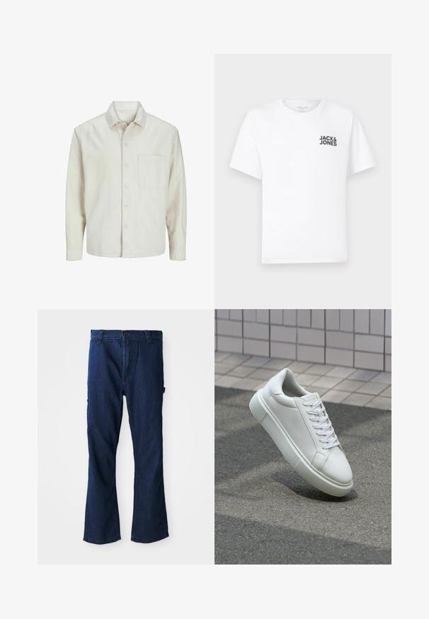 Beige Hemd mit Knopfleiste aus Baumwolle, klassischem Kragen, langen Ärmeln, einer Brusttasche und lockerer Passform. Glatte, weiche Textur.; Weißes Baumwoll-T-Shirt mit kurzen Ärmeln und Rundhalsausschnitt. Enthält ein schwarzes Textlogo "JACK & JONES" auf der linken Brustseite. Einfaches, schlichtes Design.; Blaue Jeans aus Denim mit geradem Bein, Knopfverschluss und zwei seitlichen Taschen sowie einem leicht verwaschenen Finish.; Weiße Leder-Sneaker mit glatter Oberfläche, runder Zehenpartie und flachen weißen Schnürsenkeln. Verfügt über eine strukturierte Gummisohle und minimalistische Designelemente.