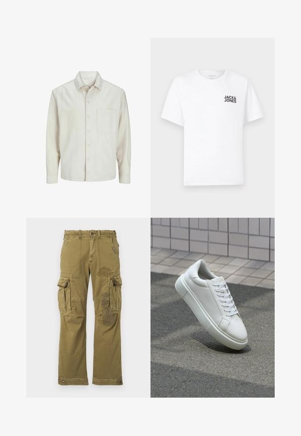Bež košulja s dugim rukavima od pamuka, klasičnog ovratnika, s jednom džepom na prsima i opuštenim krojem. Glatka, meka tekstura.; Bijela pamučna majica, kratki rukavi, okrugli izrez. Sadrži crni tekstualni logo "JACK & JONES" na lijevoj strani prsnog dijela. Jednostavan, običan dizajn.; Maslinasto zelene cargo hlače s više džepova, sa uzorkovanom krpicom na desnoj nozi i ojačanim šavovima. Opustit će se prilagodba i tekstura tkanine.; Bijela kožna tenisica s glatkom površinom, okruglim vrhom i ravnim bijelim vezicama. Ima teksturiran gumeni potplat i minimalne dizajnerske elemente.