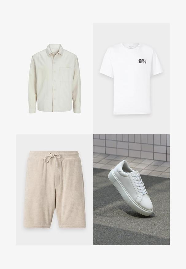Camicia beige a bottoni realizzata in cotone con colletto classico, maniche lunghe, una tasca sul petto e una vestibilità rilassata. Texture liscia e morbida.; T-shirt bianca in cotone, maniche corte, collo rotondo. Presenta un logo in testo nero "JACK & JONES" nell'area sinistra del petto. Design semplice e minimale.; Shorts in spugna beige con una vita elastica e un cordoncino regolabile. Presentano una tasca frontale e un design lungo fino al ginocchio.; Sneaker bianco in pelle con superficie liscia, punta rotonda e lacci piatti bianchi. Presenta una suola in gomma texturizzata e un design minimale.