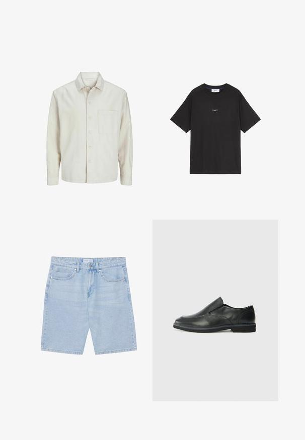 Beige pogrieta krekls no kokvilnas ar klasisku apkakli, garām piedurknēm, vienu krūšpocketu un brīvu piegriezumu. Gluda, maiga tekstūra.; Melnas kokvilnas T-krekls ar apaļu kaklu un īsām piedurknēm. Priekšā ir neliels balts logotipa izsistums. Vienkāršs dizains, brīvs piegriezums.; Gaiši zili džinsu šorti ar taisnu griezumu, kas piedāvā priekšējos kabatas, pogu aizdari un nolietotu apdari. Klasisks piecu kabatu dizains.; Melnas ādas slip-on kurpes ar gludu augšdaļu, izšūtām akcentiem, noapaļotu purngala daļu un zemu gumijas papēdi. Zole ar minimālu rakstu.