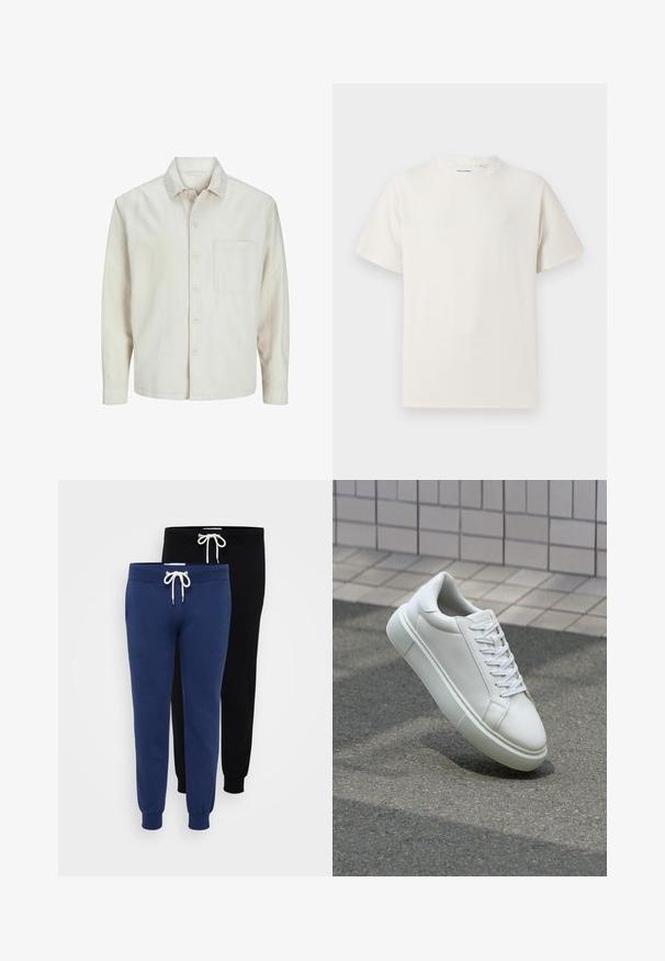 Beige painasärk, mis on valmistatud puuvillast, klassikalise kraega, pika varrukaga, ühe rinna taskuga ja lõdva lõikega. Sile, pehme tekstuur.; Valkoinen lyhythihainen T-paita ribbikuviossa. Pyöreä kaula-aukko, rento istuvuus, ei näkyviä kuvioita tai yksityiskohtia. Yksinkertainen ja monikäyttöinen muotoilu.; Kaksi paria collegehousuja: yksi tummansininen ja yksi musta. Molemmissa on elastiset hihnat, naru- ja vyötärönauhat sekä pehmeä puuvillasekoitemateriaali.; Valkoinen nahkainen lenkkari, jossa on sileä pinta, pyöreä kärki ja tasaiset valkoiset nauhat. Varustettu teksturoidulla kumi-pohjalla ja vähäisillä muotoiluelementeillä.