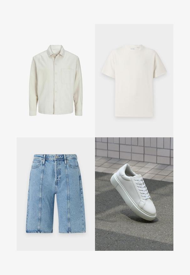 Camisa de botón de color beige hecha de algodón, con un cuello clásico, mangas largas, un bolsillo en el pecho y un corte relajado. Textura suave y lisa.; Camiseta blanca de manga corta en textura acanalada. Cuello redondo, corte relajado, sin patrones ni acentos visibles. Diseño simple y versátil.; Pantalones cortos de mezclilla azul claro con corte recto, diseño de cinco bolsillos y un ligero desvanecimiento, con botones de metal y detalles de costura.; Zapatilla de cuero blanca con una superficie lisa, punta redonda y cordones blancos planos. Presenta una suela de goma texturizada y elementos de diseño mínimos.