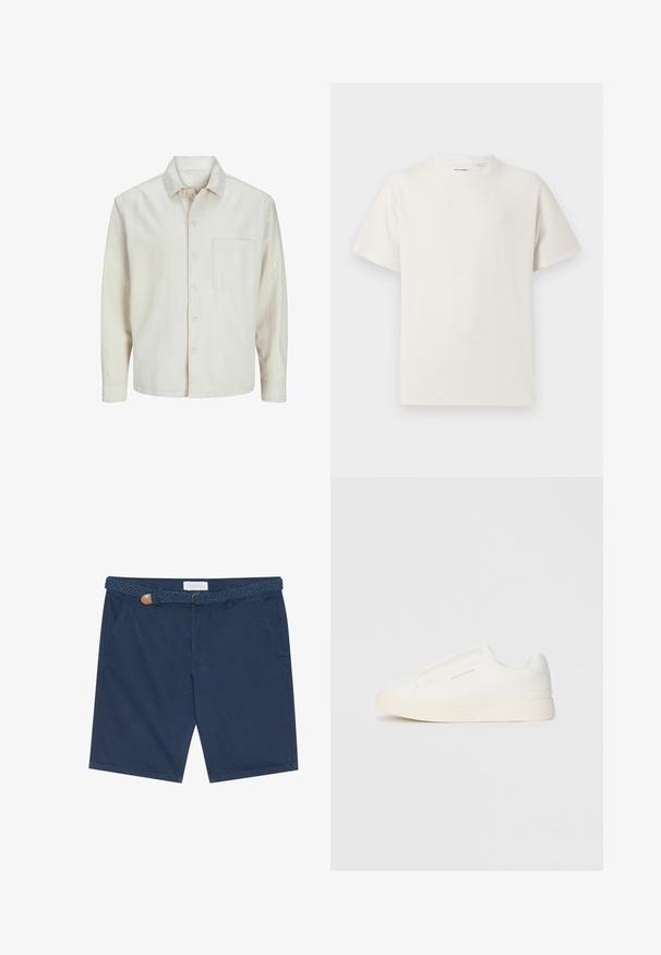 Cămașă bej cu nasturi, din bumbac, cu guler clasic, mâneci lungi, un buzunar la piept și o croială lejeră. Textură netedă și moale.; Tricou alb cu maneci scurte, dintr-un material ribbed. Guler rotund, croi lejer, fără modele sau accente vizibile. Design simplu și versatil.; Pantaloni scurți bleumarin, din bumbac, cu o curea împletită și un accent din piele maro, buzunare laterale și croială dreaptă.; Tenisi albi slip-on cu o suprafață texturată, talpă groasă și un design minimalist. Prezintă logo-ul brandului pe lateral.