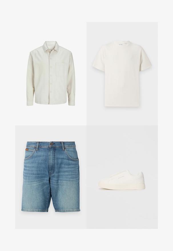 Šviesiai rudos spalvos medvilninis marškinis su klasikiniais atvartais, ilgomis rankovėmis, viena krūtine kišenė ir laisvas fasonas. Sklandus, minkštas paviršius.; Balta trumpa rankovė T-polo marškinėlių su juostelėmis tekstūra. Apvalus iškirpimas, laisvas fasonas, jokių matomų raštų ar akcentų. Paprastas ir universalus dizainas.; Šviesiai mėlynos džinsinės šortai su klasikine 5 kišenių dizainu, mygtuko uždarymu ir subtiliais išblukimais. Švarus apvadas ir matoma tekstūra.; Baltos slip-on sportbačiai su tekstūruota paviršiumi, storesniu padu ir minimalistišku dizainu. Šone matosi prekės ženklo logotipas.