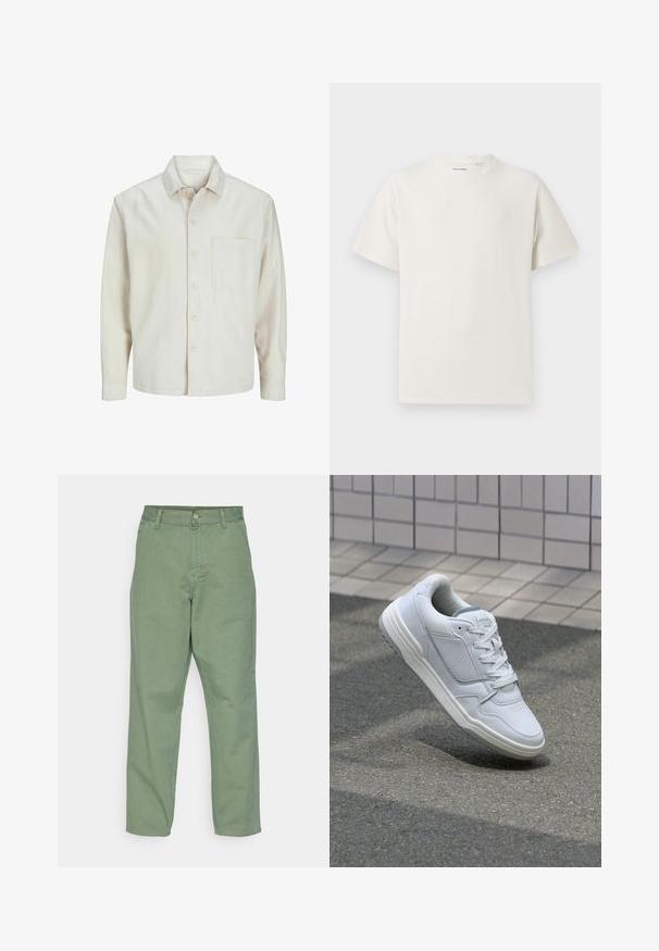 Bež srajca s gumbi, izdelana iz bombaža, s klasičnim ovratnikom, dolgimi rokavi, enim žepom na prsih in sproščenim krojem. Gladka, mehka tekstura.; Bela majica s kratkimi rokavi iz rebraste tkanine. Okrogli izrez, sproščen kroj, brez vidnih vzorcev ali naglasov. Preprosta in vsestranska zasnova.; Zelene bombažne hlače z sproščenim krojem, visokim pasom in ravnimi nogami. Imajo sprednje zapiranje na gumb in zadrgo ter stranske žepke.; Bela usnjena superga s perforiranimi stranicami, teksturiranimi detajli, ravnimi vezalkami in kontrastno sivo peto. Ima rahlo dvignjen podplat.