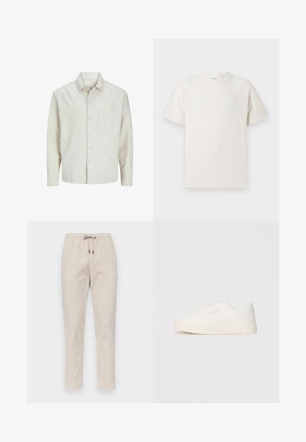 Beige button-up shirt made of cotton with a classic collar, long sleeves, one chest pocket, and a relaxed fit. Smooth, soft texture.; White short-sleeve T-shirt in a ribbed texture. Round neckline, relaxed fit, no visible patterns or accents. Simple and versatile design.; Beige, elasticized jogger pants made from textured fabric. Features a drawstring waistband and tapered legs with no visible pockets.; White slip-on sneakers with a textured surface, a thick sole, and minimalistic design. Features brand logo on the side.