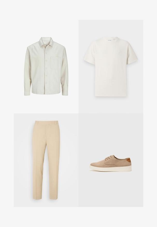 Beige színű, pamut anyagú gombos ing, klasszikus gallérral, hosszú ujjakkal, egy mellzsebbel és laza szabással. Sima, puha tapintású.; Fehér, rövid ujjú póló bordázott textúrával. Kerek nyakkivágás, laza szabás, nincs látható minta vagy díszítés. Egyszerű és sokoldalú dizájn.; Beige, egyenes szárú, testre szabott nadrág, könnyű anyagból, két elülső zsebbel és gondosan vasalt redőkkel.; Beige velúr sportcipő, kerek orral, fűzős elülső résszel és textúrált hátsó részlettel. Fehér gumitalp kontrasztot ad. Egyszerű és modern design.