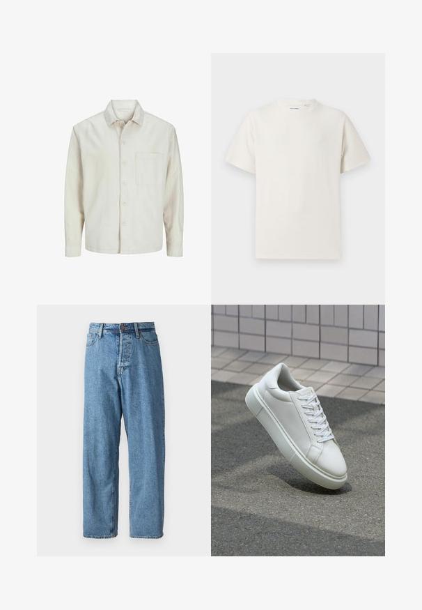 Beige nööbiga särk, mis on valmistatud puuvillast, klassikalise krae, pikkade varrukate, ühe rinnatasku ja avara lõikega. Sujuv, pehme tekstuur.; Valge lühikeste varrukatega T-särk ribakudumises. Ümar kaelus, mugav lõige, nähtavad mustrid ega aksessuaarid puuduvad. Lihtne ja mitmekesine disain.; Heledad sinise denimi püksid, mis on lõdva lõikega, koos nupuga sulgemisega, viie taskuga ja minimaalse kulumisjälgedega, et saavutada puhas välimus. Klassikaline kitsenev jala disain.; Valge nahkline sneka, millel on sile pind, ümar varvas ja lame valge pael. Omab tekstuuriga kummist talla ja minimaalset kujunduselementi.