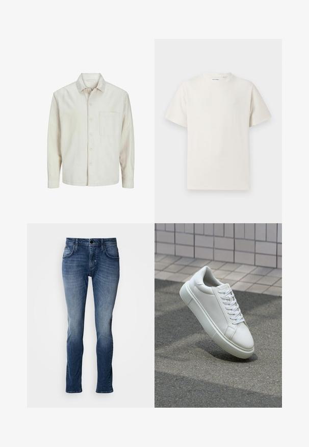 Beige pogrieta krekls no kokvilnas ar klasisku apkakli, garām piedurknēm, vienu krūšpocketu un brīvu piegriezumu. Gluda, maiga tekstūra.; Balta krūštura īsām piedurknēm ar ribota auduma faktūru. Apaļš kakla izgriezums, brīvs griezums, bez redzamām rakstām vai akcentiem. Vienkāršs un daudzpusīgs dizains.; Zila džinsa bikses ar izbalējušu apdari, piecu kabatu dizains, taisna kāju griezums un izšūtu detaļu akcenti. Vienkārša pogu un rāvējslēdzēja aizdare.; Baltas ādas sporta apavi ar gludu virsmu, apaļu pirkstu un plakanām baltām šņorēm. Iezīmējas ar strukturētu gumijas zoli un minimālisma dizaina elementiem.