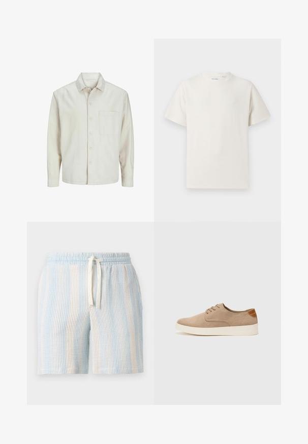 Bež srajca s gumbi, izdelana iz bombaža, s klasičnim ovratnikom, dolgimi rokavi, enim žepom na prsih in sproščenim krojem. Gladka, mehka tekstura.; Bela majica s kratkimi rokavi iz rebraste tkanine. Okrogli izrez, sproščen kroj, brez vidnih vzorcev ali naglasov. Preprosta in vsestranska zasnova.; Lahki, teksturirani šortsi z modro-belo črtasto vzorcem. Imajo elastičen pas in zapiranje na vrvico.; Bež tkanine usnjene superge z zaobljenim nosom, vezalkami na sprednji strani in teksturiranim zadnjim detajlom. Belo gumijasto podplato zagotavlja kontrast. Enostaven in sodoben dizajn.