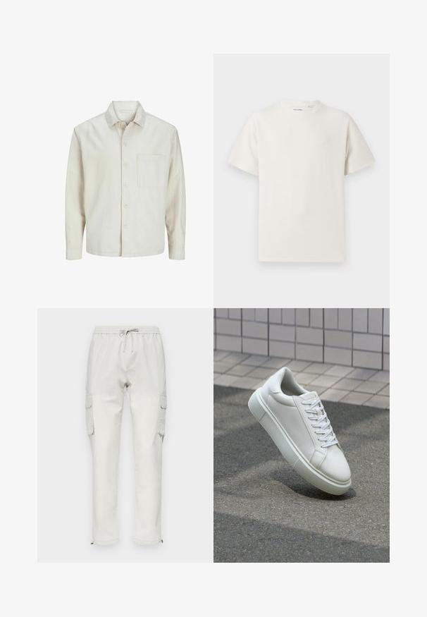Cămașă bej cu nasturi, din bumbac, cu guler clasic, mâneci lungi, un buzunar la piept și o croială lejeră. Textură netedă și moale.; Tricou alb cu maneci scurte, dintr-un material ribbed. Guler rotund, croi lejer, fără modele sau accente vizibile. Design simplu și versatil.; Pantaloni cargo de culoare bej deschis, din bumbac, cu un brâu elastic și șnur, având buzunare laterale și fermoare la glezne.; Sneaker alb din piele cu o suprafață netedă, vârf rotund și șireturi plate albe. Dispune de o talpă din cauciuc texturată și elemente de design minimale.
