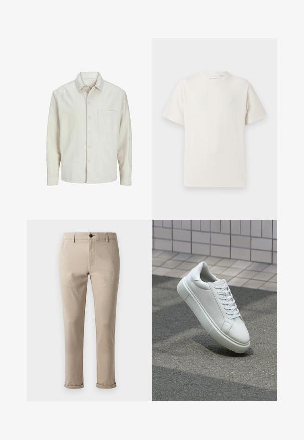 Camicia beige a bottoni realizzata in cotone con colletto classico, maniche lunghe, una tasca sul petto e una vestibilità rilassata. Texture liscia e morbida.; T-shirt bianca a maniche corte in texture a coste. Girocollo, vestibilità rilassata, senza modelli o accenti visibili. Design semplice e versatile.; Jack & Jones JPSTMARCO FURY - Chino - atmosphere; Sneaker bianco in pelle con superficie liscia, punta rotonda e lacci piatti bianchi. Presenta una suola in gomma texturizzata e un design minimale.