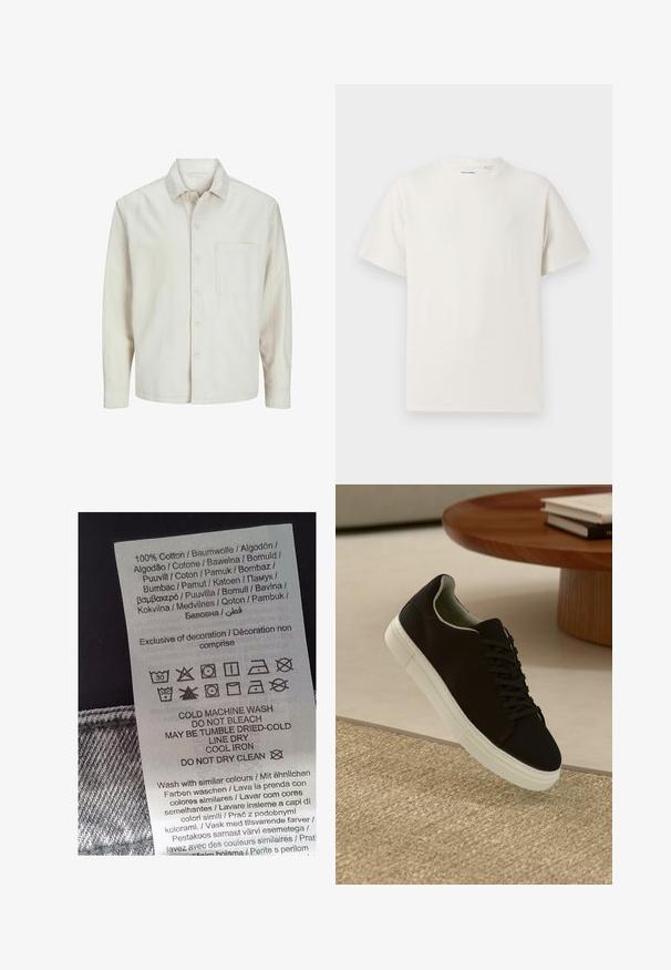 Béžová košeľa s gombíkmi vyrobená z bavlny, s klasickým golierom, dlhými rukávmi, jednou náprsní kapsou a voľným strihom. Hladká, mäkká textúra.; Biela krátka tričko s krátkym rukávom so žebrovanou textúrou. Okrúhly výstrih, uvoľnený strih, žiadne viditeľné vzory ani akcenty. Jednoduchý a všestranný dizajn.; Biely štítok s čiernym textom, ktorý uvádza pokyny na údržbu v niekoľkých jazykoch. Obsahuje symboly na pranie, sušenie a žehlenie. 100% bavlna.; Čierna teniska s bielou podrážkou plávajúca nad béžovým textúrovaným kobercom pri okrúhlom drevenom stole s hromadou kníh.