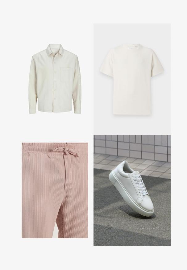 Beige színű, pamut anyagú gombos ing, klasszikus gallérral, hosszú ujjakkal, egy mellzsebbel és laza szabással. Sima, puha tapintású.; Fehér, rövid ujjú póló bordázott textúrával. Kerek nyakkivágás, laza szabás, nincs látható minta vagy díszítés. Egyszerű és sokoldalú dizájn.; Rózsaszín bordázott szövetnadrág, gumis derékkal és húzózsinórral. Oldalsó zsebekkel rendelkezik, és függőleges textúrájú.; Fehér bőr sportcipő sima felülettel, kerek orral és lapos fehér fűzőkkel. Texturált gumitalppal és minimális dizájnelemekkel rendelkezik.