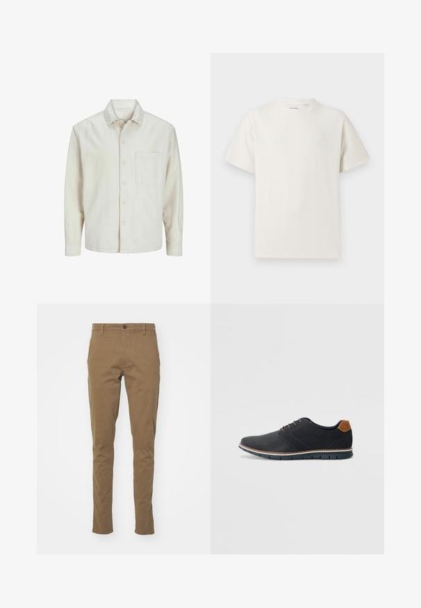 Beige button-up shirt made of cotton with a classic collar, long sleeves, one chest pocket, and a relaxed fit. Smooth, soft texture.; White short-sleeve T-shirt in a ribbed texture. Round neckline, relaxed fit, no visible patterns or accents. Simple and versatile design.; DOCKERS SMART SUPREME FLEX SKINNY - Chinos - cub; Black synthetic shoes with a textured upper, smooth accents, brown heel, and a contrasting sole. Features minimal lacing and stitch details.