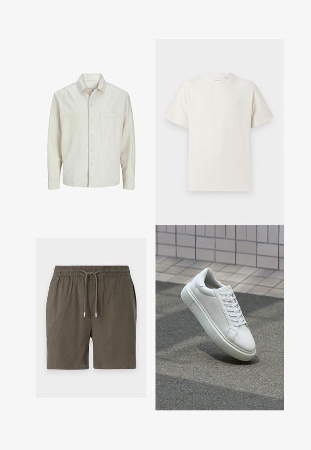 Chemise beige à manches longues en coton, avec un col classique, une poche poitrine et une coupe décontractée. Texture lisse et douce.; T-shirt blanc à manches courtes en texture côtelée. Encolure ronde, coupe décontractée, sans motifs ni accents visibles. Design simple et polyvalent.; Shorts vert foncé avec une taille élastique, fermeture à cordon de serrage et une texture lisse et légère. Pas de poches visibles ni de motifs.; Baskets en cuir blanc avec une surface lisse, bout rond et lacets plats blancs. Présentent une semelle en caoutchouc texturée et des éléments de design minimalistes.