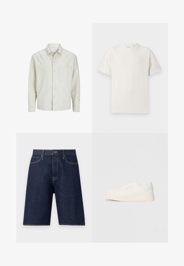 Béžová košeľa s gombíkmi vyrobená z bavlny, s klasickým golierom, dlhými rukávmi, jednou náprsní kapsou a voľným strihom. Hladká, mäkká textúra.; Biela krátka tričko s krátkym rukávom so žebrovanou textúrou. Okrúhly výstrih, uvoľnený strih, žiadne viditeľné vzory ani akcenty. Jednoduchý a všestranný dizajn.; Tmavomodré denimové šortky s rovný strihom, vybavené zapínaním na gombík, pútkami na opasok a tónovaným prešívaním. Bez viditeľných vzorov alebo ozdôb.; Biele slip-on tenisky s textúrovaným povrchom, hrubou podrážkou a minimalistickým dizajnom. Obsahuje logo značky na boku.