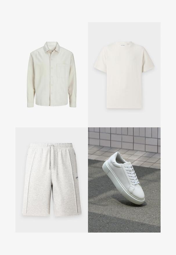 Beige knap-skjorte lavet af bomuld med klassisk krave, lange ærmer, en brystlomme og en afslappet pasform. Glat, blød tekstur.; Hvid kortærmet T-shirt i ribbet tekstur. Rund halsudskæring, løs pasform, ingen synlige mønstre eller accenter. Enkel og alsidig design.; Lys grå, mellemlange shorts lavet af blødt materiale, med elastisk talje med snor og sidelommer. Diskret logo detalje.; Hvide lædersneakers med en glat overflade, rund tå og flade hvide snørebånd. Har en tekstureret gummisål og minimalt design.