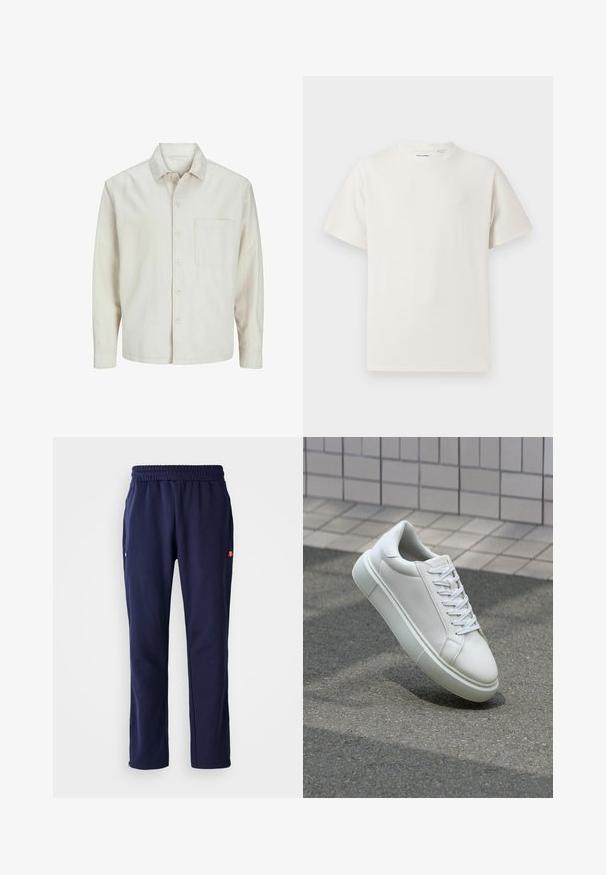 Bež košulja s dugim rukavima od pamuka, klasičnog ovratnika, s jednom džepom na prsima i opuštenim krojem. Glatka, meka tekstura.; Bijela kratka majica s kratkim rukavima u rebrastoj teksturi. Okrugli izrez, ležeran kroj, bez vidljivih uzoraka ili akcenta. Jednostavan i svestran dizajn.; Mornarske trenirke s elastičnim pojasom, bočnim džepovima i malim logotipom na lijevom džepu. Izrađene su od mekog, glatkog materijala.; Bijela kožna tenisica s glatkom površinom, okruglim vrhom i ravnim bijelim vezicama. Ima teksturiran gumeni potplat i minimalne dizajnerske elemente.