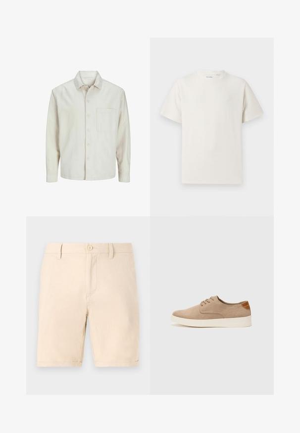 Beige knap-skjorte lavet af bomuld med klassisk krave, lange ærmer, en brystlomme og en afslappet pasform. Glat, blød tekstur.; Hvid kortærmet T-shirt i ribbet tekstur. Rund halsudskæring, løs pasform, ingen synlige mønstre eller accenter. Enkel og alsidig design.; Beige bomuldsbukser med flad frontdesign, en enkelt knaplukning og opfoldede manchetter. Har sidelommer og en glat tekstur.; Beige ruskinds sneakers med rund tå, snørebånd foran og en struktureret rygdetalje. Hvid gummisål giver kontrast. Enkel og moderne design.