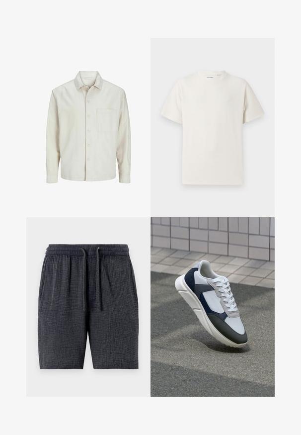 Beige nööbiga särk, mis on valmistatud puuvillast, klassikalise krae, pikkade varrukate, ühe rinnatasku ja avara lõikega. Sujuv, pehme tekstuur.; Valge lühikeste varrukatega T-särk ribakudumises. Ümar kaelus, mugav lõige, nähtavad mustrid ega aksessuaarid puuduvad. Lihtne ja mitmekesine disain.; Tumedast hallist kangast lühikesed püksid, millel on tekstureeritud pind, elastne vöökoht ja kinnituspael ning küljetaskud.; Valge, mereväe sinine ja hall spordijalats, millel on segatud materjalide disain, tekstureeritud ülemine osa, lame pael ja pehme talla.