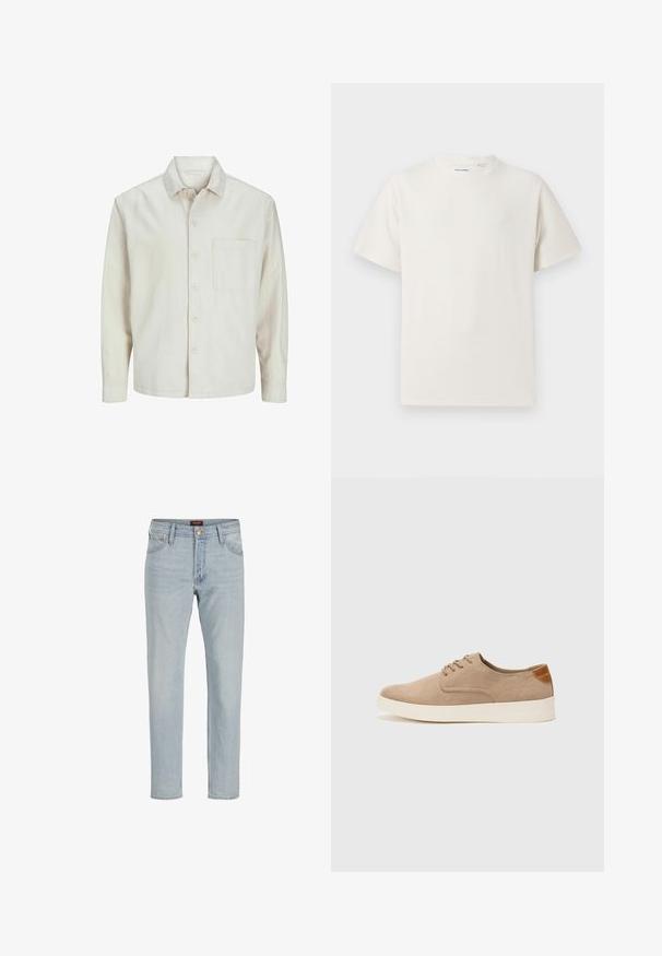 Beige nööbiga särk, mis on valmistatud puuvillast, klassikalise krae, pikkade varrukate, ühe rinnatasku ja avara lõikega. Sujuv, pehme tekstuur.; Valge lühikeste varrukatega T-särk ribakudumises. Ümar kaelus, mugav lõige, nähtavad mustrid ega aksessuaarid puuduvad. Lihtne ja mitmekesine disain.; Heled sinine denimitest teksad otse lõikega, viie tasku disainiga, nupuklapiga ja veidi kulunud tekstuuriga.; Beežid nahast tossud ümarate varvastega, paeltega esiosa ja tekstuuriga tagakontuuriga. Valge kummist tallapakkumine loob kontrasti. Lihtne ja kaasaegne disain.