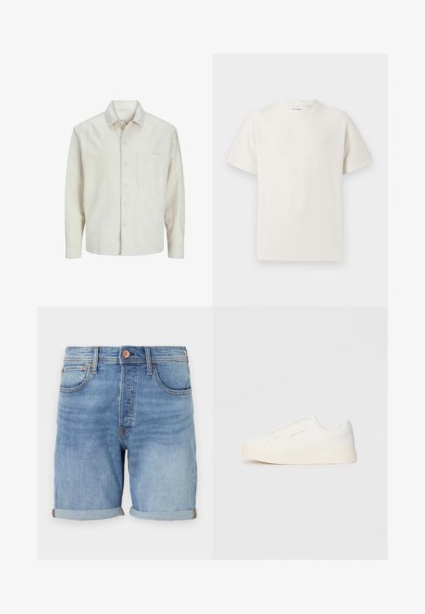 Šviesiai rudos spalvos medvilninis marškinis su klasikiniais atvartais, ilgomis rankovėmis, viena krūtine kišenė ir laisvas fasonas. Sklandus, minkštas paviršius.; Balta trumpa rankovė T-polo marškinėlių su juostelėmis tekstūra. Apvalus iškirpimas, laisvas fasonas, jokių matomų raštų ar akcentų. Paprastas ir universalus dizainas.; Šviesiai mėlyni džinsiniai šortai su klasikinio kirpimo, sukamu kraštu, priekinėmis kišenėmis ir variniais mygtukais. Minkšta tekstūra ir kasdieniškas dizainas.; Baltos slip-on sportbačiai su tekstūruota paviršiumi, storesniu padu ir minimalistišku dizainu. Šone matosi prekės ženklo logotipas.