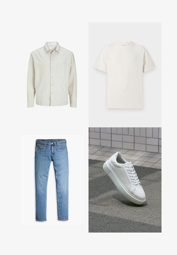 Bež košulja s dugim rukavima od pamuka, klasičnog ovratnika, s jednom džepom na prsima i opuštenim krojem. Glatka, meka tekstura.; Bijela kratka majica s kratkim rukavima u rebrastoj teksturi. Okrugli izrez, ležeran kroj, bez vidljivih uzoraka ili akcenta. Jednostavan i svestran dizajn.; Svijetlos plave traperice s ravnim nogavicama, pet džepova, vidljivim šavovima i zatvaranjem na dugme u struku.; Bijela kožna tenisica s glatkom površinom, okruglim vrhom i ravnim bijelim vezicama. Ima teksturiran gumeni potplat i minimalne dizajnerske elemente.