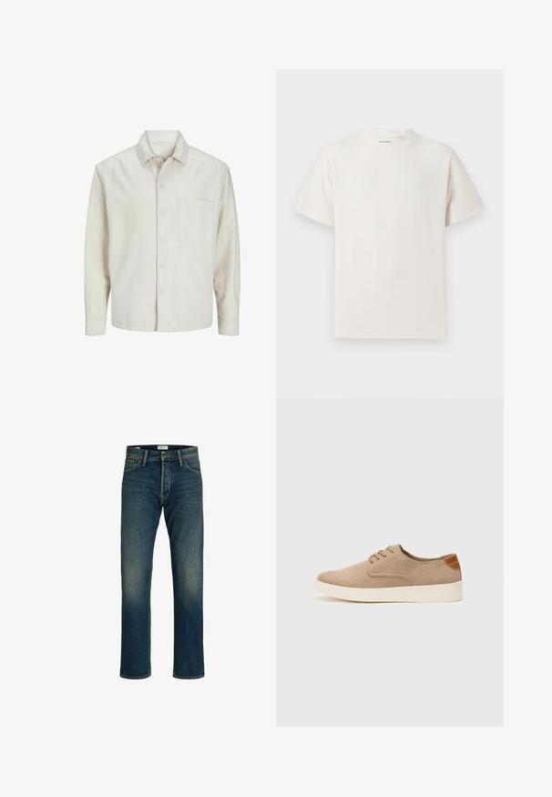 Bež košulja s dugim rukavima od pamuka, klasičnog ovratnika, s jednom džepom na prsima i opuštenim krojem. Glatka, meka tekstura.; Bijela kratka majica s kratkim rukavima u rebrastoj teksturi. Okrugli izrez, ležeran kroj, bez vidljivih uzoraka ili akcenta. Jednostavan i svestran dizajn.; Traperice u srednjem plavu pranju, ravnog kroja, klasičnog dizajna s pet džepova i laganim izbljeđivanjem na bedrima za teksturu.; Bež nubuk tenisice s okruglim vrhom, vezanjem sprijeda i teksturiranim stražnjim naglaskom. Bijela gumena potpetica pruža kontrast. Jednostavan i moderan dizajn.