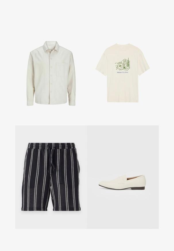 Beige nööbiga särk, mis on valmistatud puuvillast, klassikalise krae, pikkade varrukate, ühe rinnatasku ja avara lõikega. Sujuv, pehme tekstuur.; Kreemikasest puuvillast t-särk lühikeste varrukatega, millel on roheline matka-teemaline graafika ja tekst "PHOENIX 112.0740".; Mustvalged must-valged triibulised lühikesed püksid elastse vöökoha, nööri sulgemise ja tekstureeritud kangaga. Lõppevad reie keskel.; Heledadbeez loafers, millelise lõpp, sile materjal, rihm üle vampi ja madal pruun talla. Lihtne disain minimaalse aktsentidega.