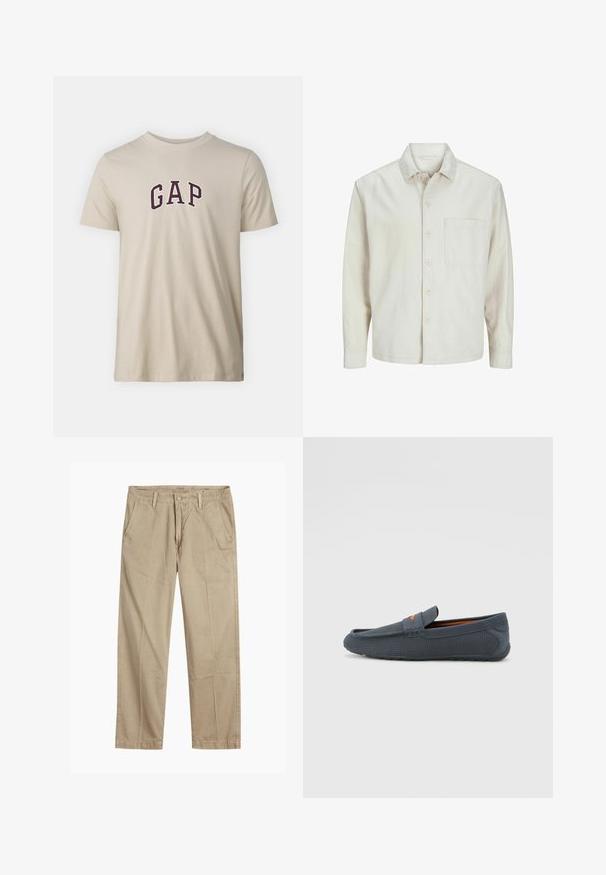 Bež srajca s gumbi, izdelana iz bombaža, s klasičnim ovratnikom, dolgimi rokavi, enim žepom na prsih in sproščenim krojem. Gladka, mehka tekstura.; GAP NEW ARCH - Potiskana majica - bedrock; Bežne bež hlače ravnega kroja z zanko za pas, sprednjim gumbom in zadrgo ter bočnimi žepki.; Sive perforirane loferice z običajnim zapiranjem, ki imajo oranžen akcent, okroglo konico in teksturiran gumijast podplat.