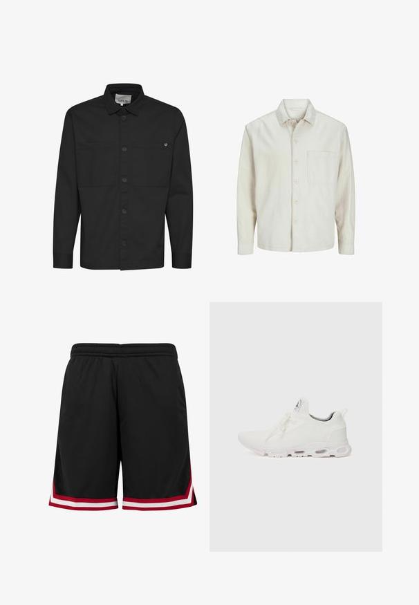 Camicia beige a bottoni realizzata in cotone con colletto classico, maniche lunghe, una tasca sul petto e una vestibilità rilassata. Texture liscia e morbida.; Maglietta nera a maniche lunghe con chiusura a bottoni frontale, due tasche sul petto e colletto a punta. Realizzata in tessuto liscio con finitura opaca.; Pantaloni sportivi neri realizzati in tessuto a rete traspirante. Presentano dettagli rossi e bianchi lungo l'orlo e i lati. Vita elastica per il massimo comfort.; Scarpe atletiche bianche con tomaia in maglia testurizzata, lacci piatti e una suola ammortizzata con camere d'aria visibili per un supporto aggiuntivo.