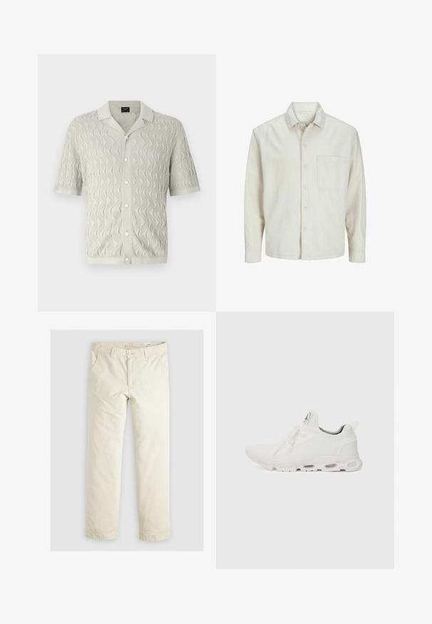 Chemise beige à manches longues en coton, avec un col classique, une poche poitrine et une coupe décontractée. Texture lisse et douce.; Chemise en tricot à manches courtes de couleur gris clair, avec un motif en vagues, un col et une fermeture à boutons, fabriquée dans un tissu texturé.; Pantalons loose-fit beige clair avec trois poches, passants de ceinture et une coupe droite. Fabriqués en un doux mélange de coton.; Baskets blanches de sport avec un dessus en maille texturée, des lacets plats et une semelle rembourrée avec des chambres à air visibles pour un soutien supplémentaire.