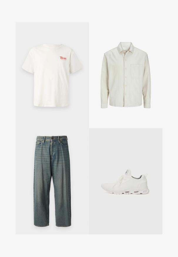 Beige nööbiga särk, mis on valmistatud puuvillast, klassikalise krae, pikkade varrukate, ühe rinnatasku ja avara lõikega. Sujuv, pehme tekstuur.; Valge puuvillane T-särk lühikeste varrukatega, mille vasakul rinnakorral on punane "BASSEINI REMONDI UJUŁSERVICE" graafika.; Heledad sinine denim-stiilis teksad, volüümse lõike, keskmise kõrgusega talje ja sirgete säärega. Omab viit taskut, vöökumme ja nööpide sulgemist.; Valged sportijalatsid, millel on tekstuuriga kudum peal, lame paelad ja pehmendatud tallad nähtavate õhukambritega täiendava toe jaoks.