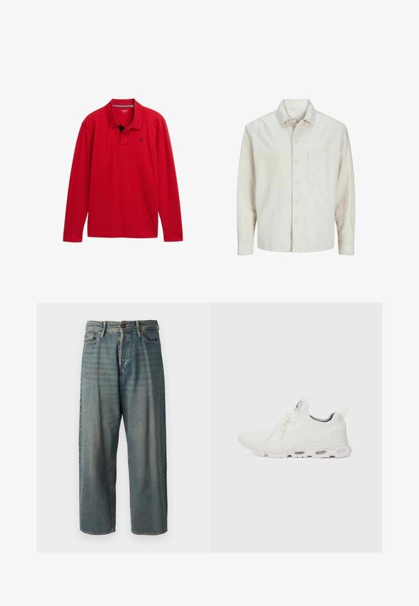 Beige Hemd mit Knopfleiste aus Baumwolle, klassischem Kragen, langen Ärmeln, einer Brusttasche und lockerer Passform. Glatte, weiche Textur.; Rotes Langarm-Polohemd mit Kragen, das einen marineblauen Akzent und ein kleines Logo auf der Brust hat. Hergestellt aus weichem Baumwollmaterial.; Helle blaue Denim-Jeans mit lockerer Passform, mittelhoher Taille und geraden Beinen. Hat fünf Taschen, Gürtelschlaufen und einen Knopfverschluss.; Weiße Sportschuhe mit einem strukturierten Strickobermaterial, flachen Schnürsenkeln und einer gepolsterten Sohle mit sichtbaren Luftkammern für zusätzlichen Halt.
