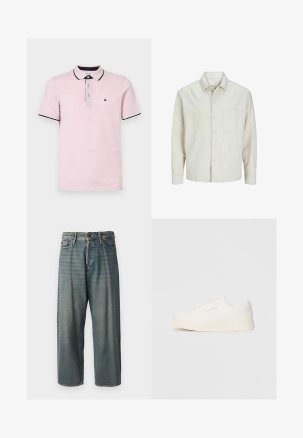 Beige pogrieta krekls no kokvilnas ar klasisku apkakli, garām piedurknēm, vienu krūšpocketu un brīvu piegriezumu. Gluda, maiga tekstūra.; Gaiši rozā polo krekls, izgatavots no kokvilnas, ar trīs pogu aizdari, tumsnavi zila apmale apkaklei un piedurknēm, kā arī ar nelielu izšūtu logotipu.; Gaiši zili džinsi ar brīvu piegriezumu, vidējo jostas augstumu un taisnām kājām. Satur piecas kabatas, jostas cilpas un pogu aizdari.; Baltas slip-on sporta apavi ar teksturētu virsmu, biezu zoli un minimālistisku dizainu. Sānos redzams zīmola logotips.