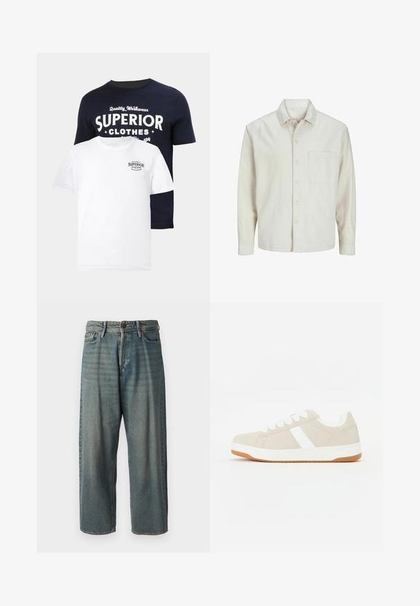 Bež košulja s dugim rukavima od pamuka, klasičnog ovratnika, s jednom džepom na prsima i opuštenim krojem. Glatka, meka tekstura.; Dvije majice: jedna tamnoplave boje s bijelim grafičkim natpisom "SUPERIOR CLOTHES", i jedna bijela s manjim tamnoplavim logom. Obje su od pamuka, s običnim izrezom.; Svijetloplave traperice s širokim krojem, srednjim pojasom i ravnim nogavicama. Ima pet džepova, petlje za remen i kopčanje na gumb.; Bige tenisice s bijelim detaljima, antilop tekstura, okrugli oblik, vezanje na vezice i kontrastna gumena potplata.