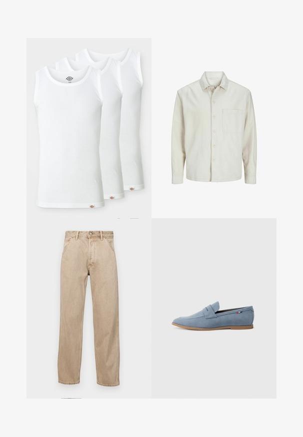 Bež srajca s gumbi, izdelana iz bombaža, s klasičnim ovratnikom, dolgimi rokavi, enim žepom na prsih in sproščenim krojem. Gladka, mehka tekstura.; Tri bele majice brez rokavov iz rebrastega bombaža. Vsaka ima okroglo izrez in majhno oznako na robu. Klasičen, preprost dizajn.; Beige jeans iz džinsa s ravnim nogavicama, ki imajo sprednje žepe, kovinsko zapiranje in subtilno teksturo.; Svijetloplavi nubuk loafer sa glatkom teksturom, dekorativnim šavovima i smešnim gumenim đonom. Ima dizajn proreza za novčiće na gornjem delu.