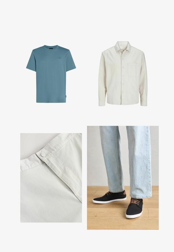 Beige Hemd mit Knopfleiste aus Baumwolle, klassischem Kragen, langen Ärmeln, einer Brusttasche und lockerer Passform. Glatte, weiche Textur.; Helles blaues Baumwoll-T-Shirt mit Rundhalsausschnitt, kurzen Ärmeln und einem kleinen Logo in einer dunkleren Farbnuance auf der Brust.; Weißer Baumwollstoff mit einem Knopfverschluss in der Taille, versehen mit feiner Textur und genähten Details entlang der Nähte.; Schwarze Leinen-Sneaker mit braunen Akzenten, weißen Gummisohlen und braunen Schnürsenkeln, kombiniert mit hellblauen Straight-Leg-Jeans. Hintergrund mit Holzboden.